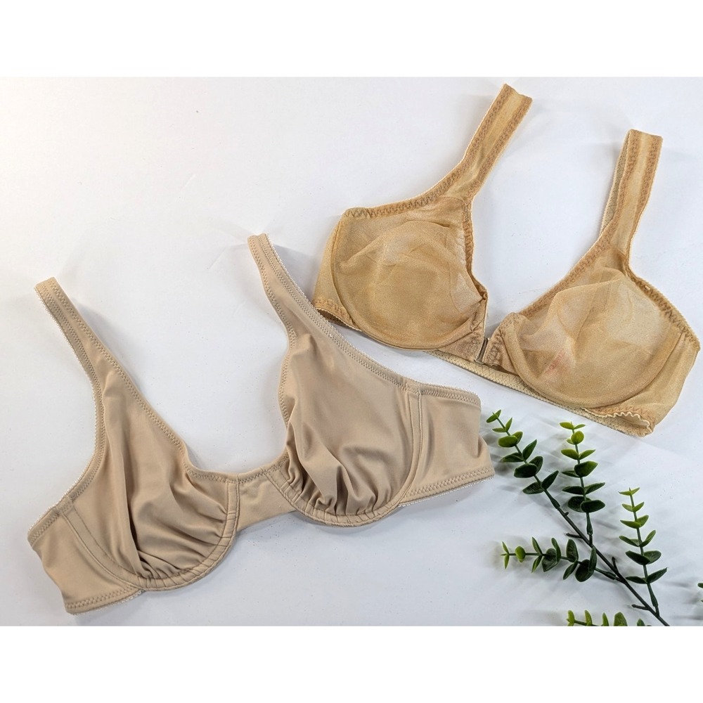VNTG LOT 2!🇫🇷Vintage Lily France Womens Bra Caramel Wired Lace Nylon See Thru